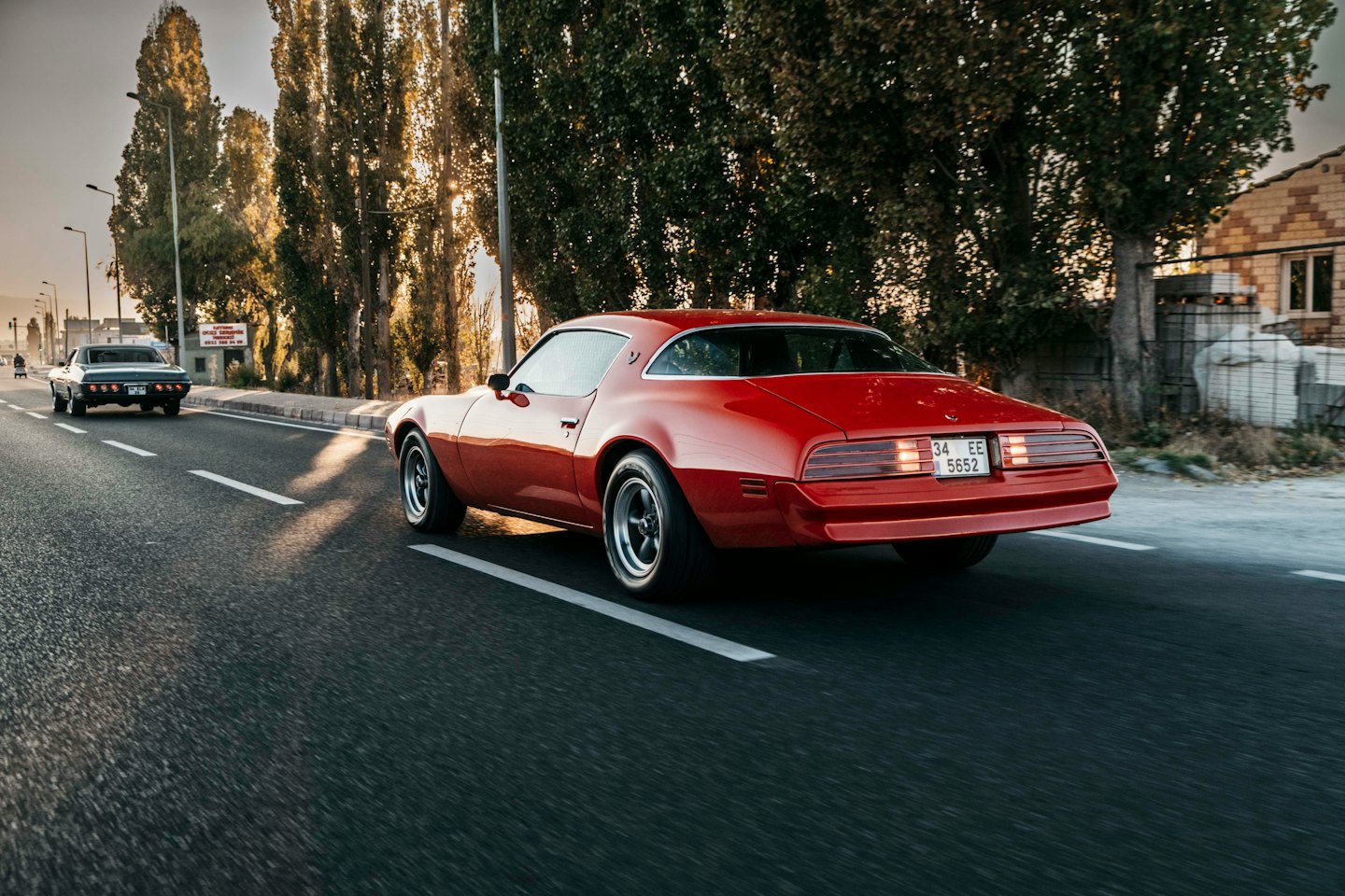 Roter Oldtimer-Sportwagen fährt auf einer von Bäumen gesäumten Straße.